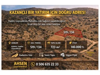 HADİM GÖYNÜKKIŞLA’DA SATILIK 723m² KADASTRO YOLLU BAĞ