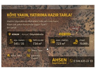 HADİM GÖYNÜKKIŞLA’DA KÖYE YAKIN 734m² SATILIK TARLA