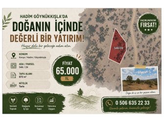 HADİM GÖYNÜKKIŞLA’DA 873m² SATILIK MÜSTAKİL TARLA