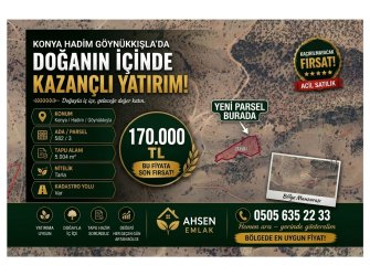 KONYA HADİM GÖYNÜKKIŞLA’DA 5.004 m² UYGUN FİYATLI YATIRIMLIK TARLA