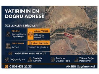 KONYA HADİM GÖYNÜKKIŞLA’DA KADASTRO YOLU OLAN SATILIK 647 m² TARLA