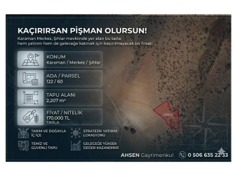 KARAMAN MERKEZ ŞIHLAR’DA SATILIK 2.207 m² TARLA
