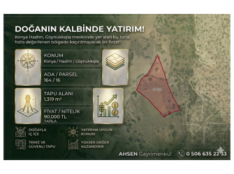 KONYA HADİM GÖYNÜKKIŞLA’DA SATILIK 1.319 m² TARLA