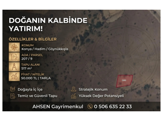 KONYA HADİM GÖYNÜKKIŞLA’DA SATILIK 517 m² TARLA