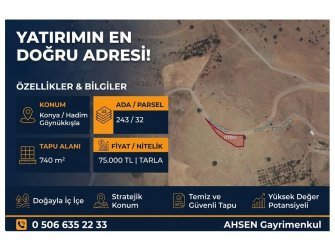 KONYA HADİM GÖYNÜKKIŞLA’DA KADASTRO YOLU OLAN SATILIK 740 m² TARLA