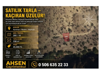 KARAMAN MERKEZ BAŞKIŞLA’DA SATILIK 338 m² TARLA