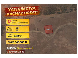 KONYA AKÖREN TÜLCE’DE KADASTRO YOLU OLAN SATILIK 2.123 m² TARLA