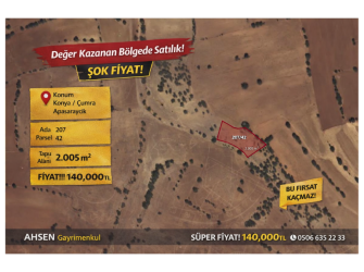 KONYA ÇUMRA APASARAYCIK’TA KADASTRO YOLU OLAN SATILIK 2.005 m² TARLA