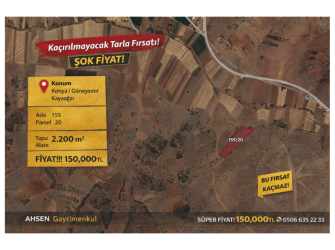KONYA GÜNEYSINIR KAYAAĞZI’NDA SATILIK 2.200 m² TARLA