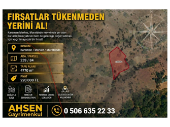 KARAMAN MERKEZ MURATDEDE’DE SATILIK 4.770 m² TARLA